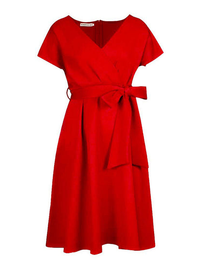 Bowknot Lace-Up Solid Color V-Neck Midi Dresses