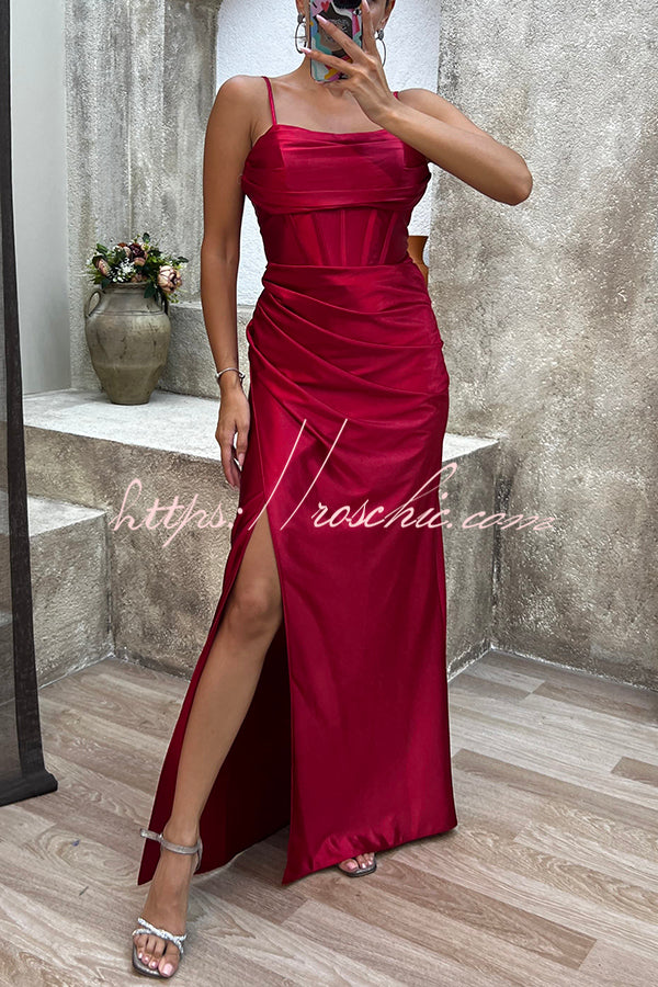 Love Lasts Forever Satin Corset Back Lace-up Slit Maxi Dress
