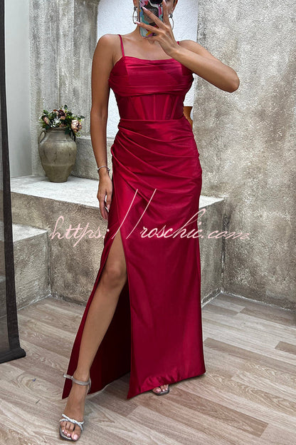 Love Lasts Forever Satin Corset Back Lace-up Slit Maxi Dress