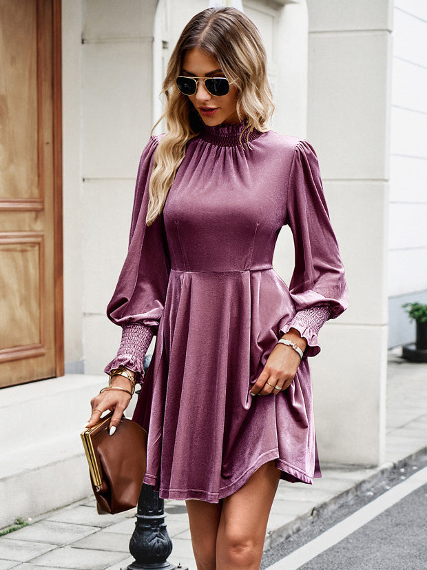 Velvet Dress Burgundy High Collar Long Sleeves Fall Mini Dresses