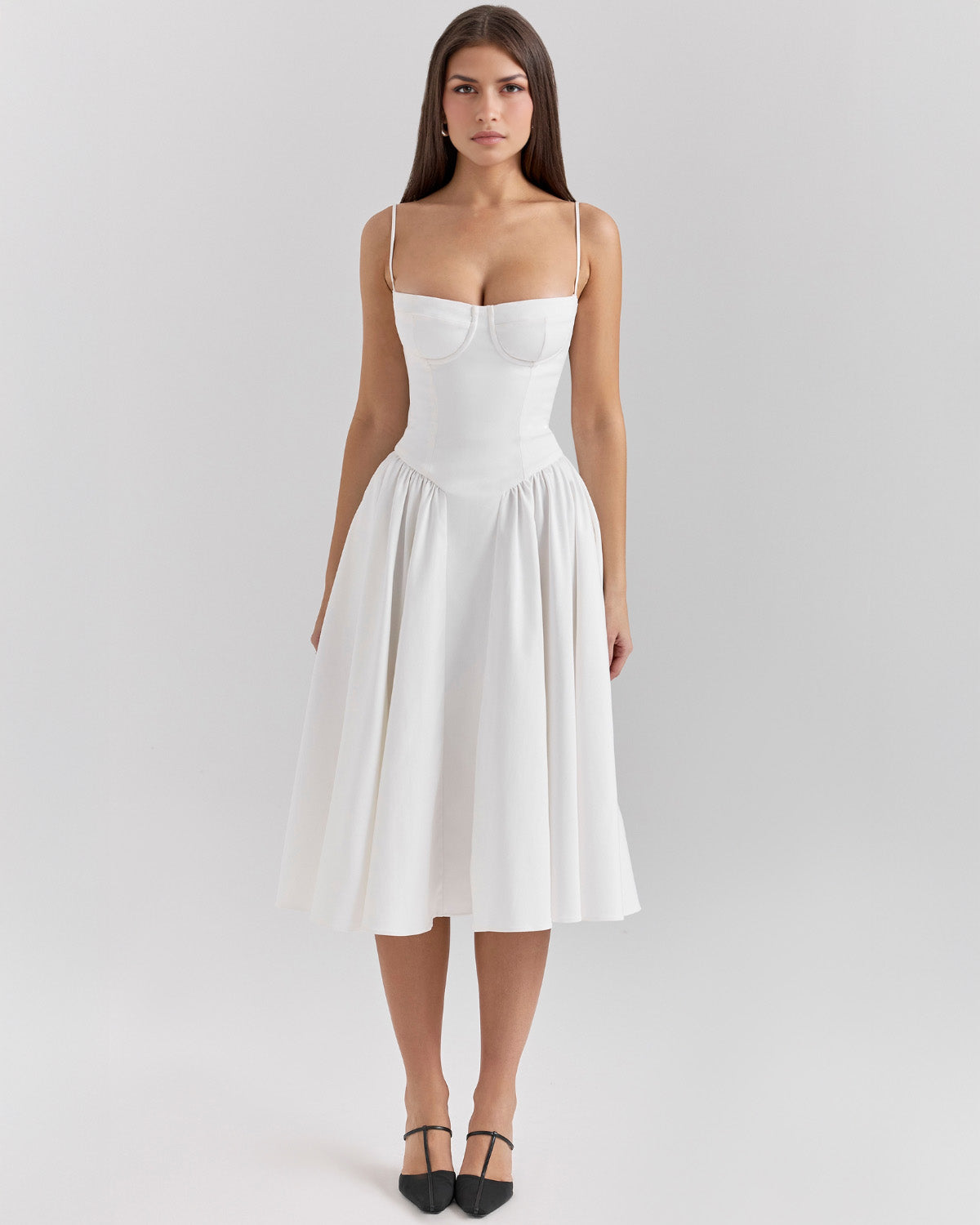 Spaghetti Strap Corset Bodice Basque Waist Pleated A-Line Midi Dress