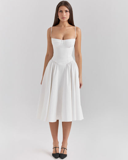 Spaghetti Strap Corset Bodice Basque Waist Pleated A-Line Midi Dress