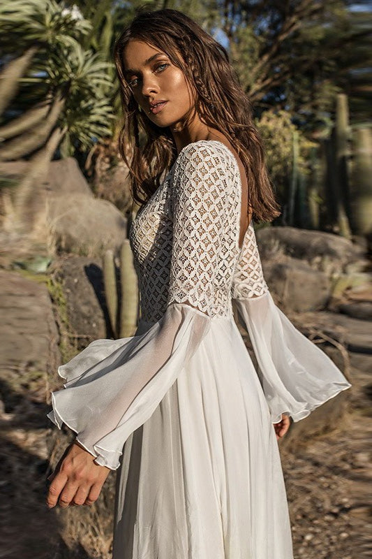 Lace Up V-Neck Crochet Lace Bodice Bell Sleeve Tiered Maxi Dress