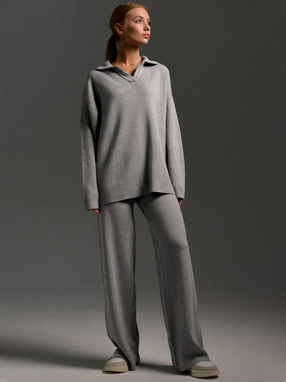 Knit Pant Set Drop Shoulder Pullover And Wide Leg Trousers For Women