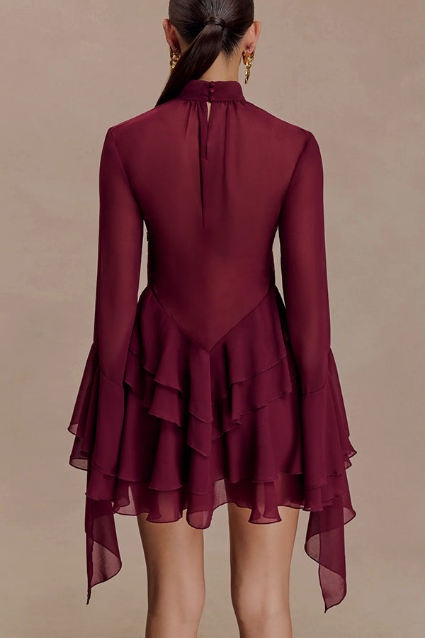 Fashionable Chiffon Long-sleeved Ruffled Slim-fit Mini Dress