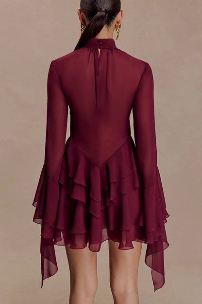 Fashionable Chiffon Long-sleeved Ruffled Slim-fit Mini Dress