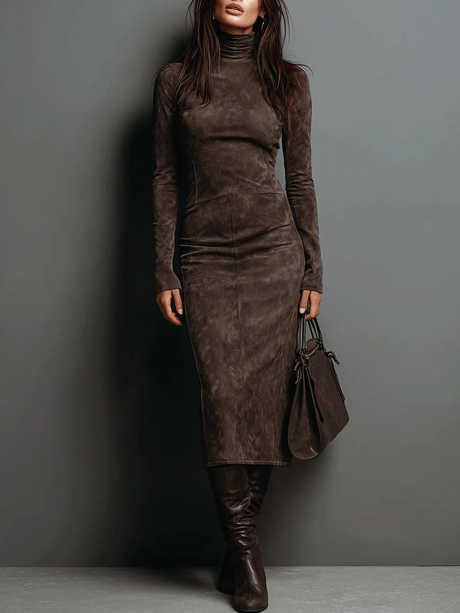 Suede Look Turtleneck Long Sleeve Bodycon Midi Dress