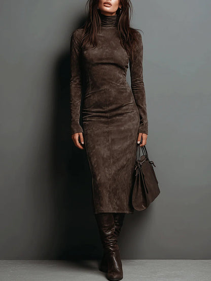 Suede Look Turtleneck Long Sleeve Bodycon Midi Dress