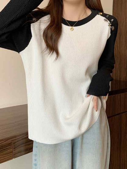 Contrast Color Splice Metal Decor Long Sleeve Knit