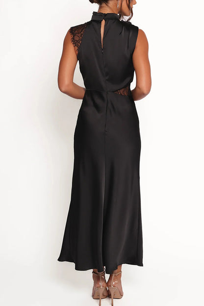 Touch of Allure Satin Drape High Neck Lace Detail Maxi Dress