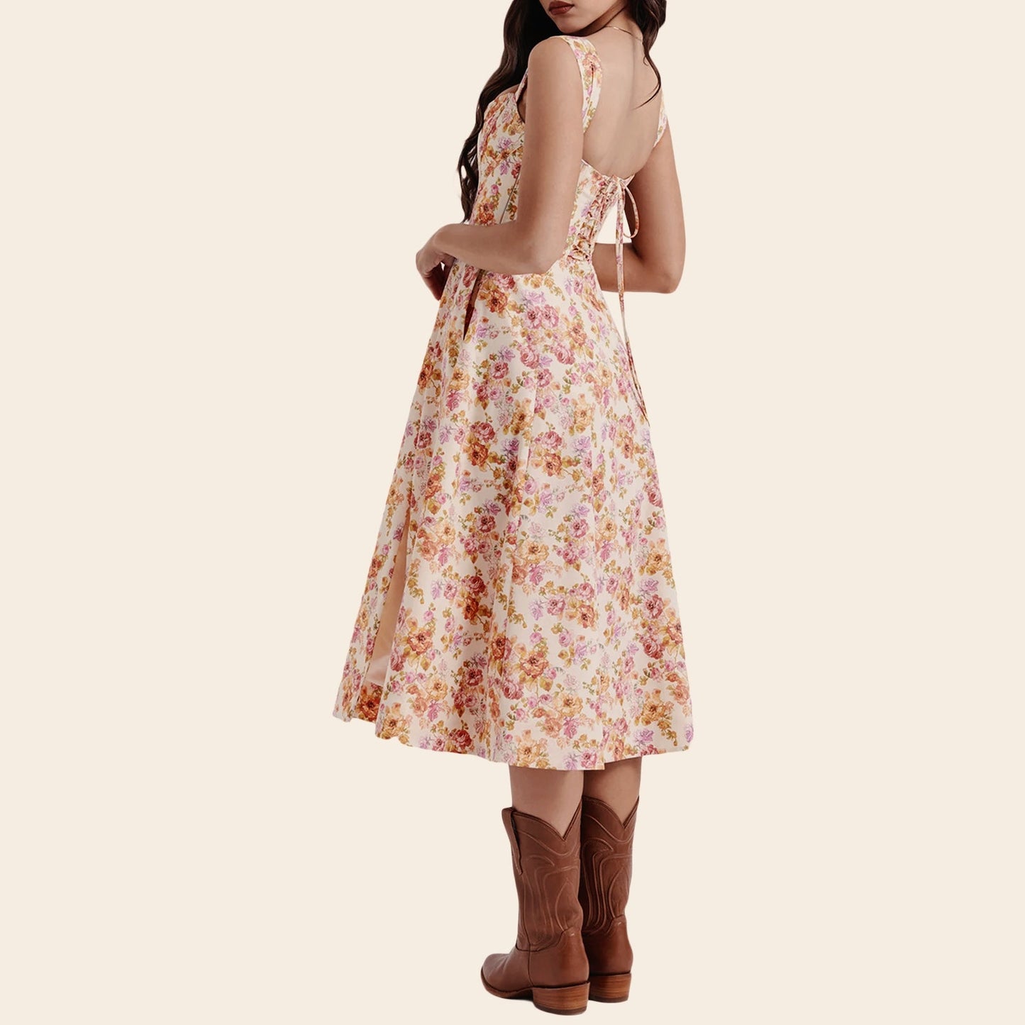 Low Cut A-Line Slit Floral Dress