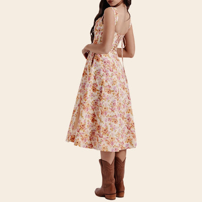 Low Cut A-Line Slit Floral Dress