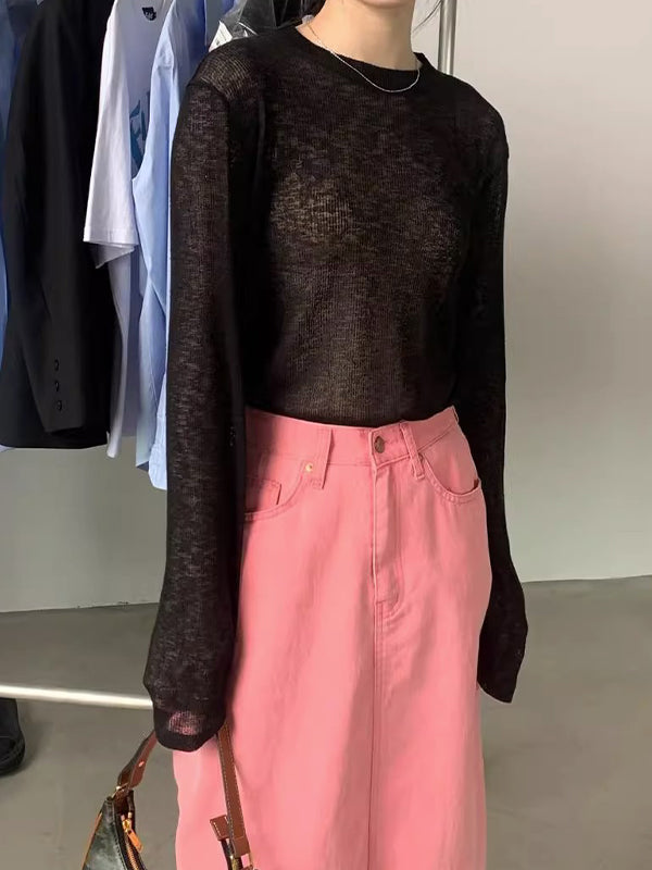 Plain Crewneck Casual Thin Long Sleeve Knits