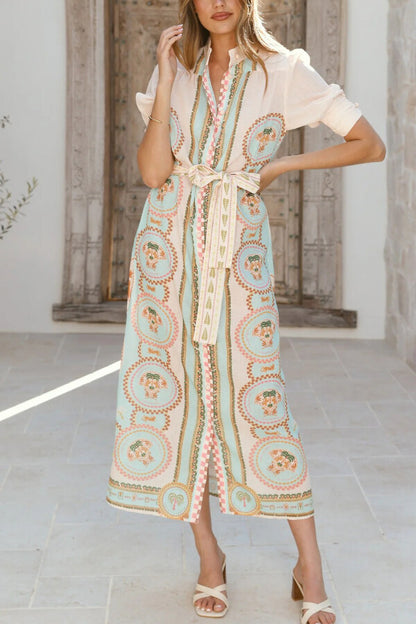 Unique Printed Puff Sleeve Button Lace Up Vacation Maxi Dress