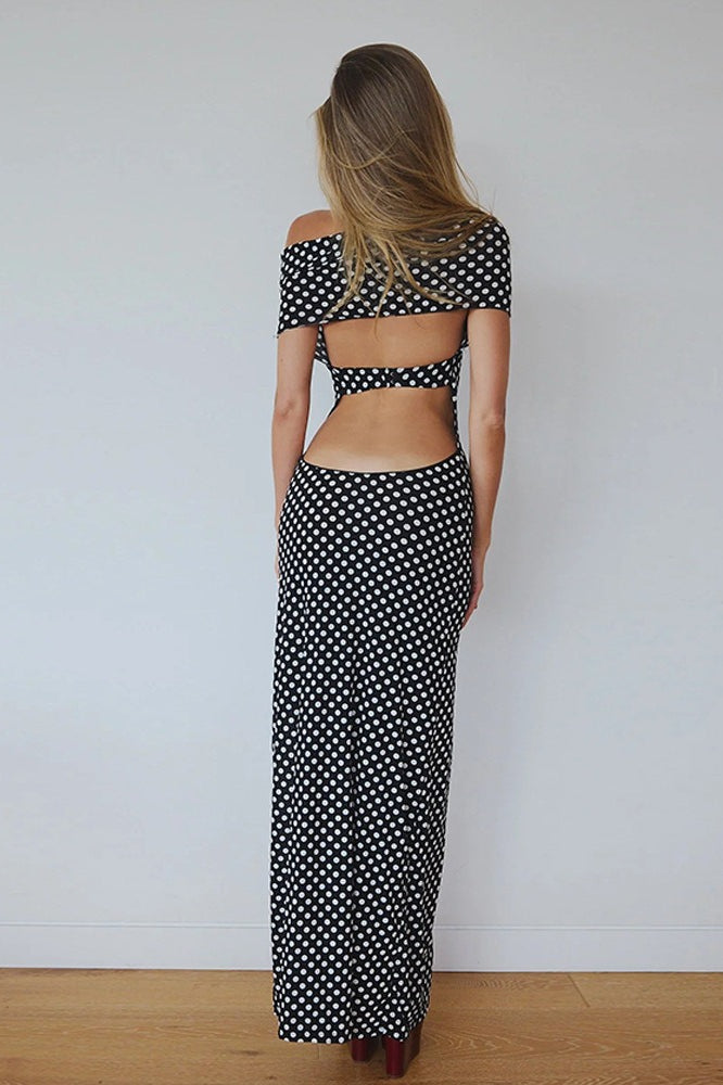 Polka Dot Print Halter Off-Shoulder Bardot Bodycon Midi Dress