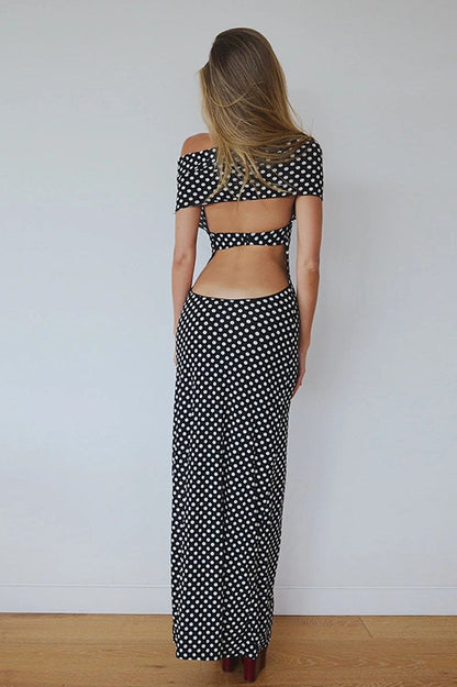 Polka Dot Print Halter Off-Shoulder Bardot Bodycon Midi Dress