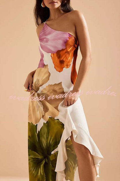 Love Filled Floral Print One Shoulder Side Ruffles Maxi Slip Dress
