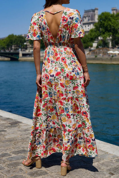 Floral Print V-neck Short-sleeved Elegant Fitted Waist Maxi Dress
