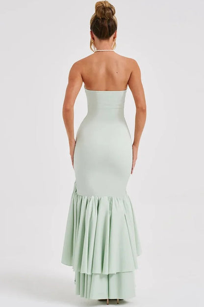 Strapless Ruched Hip Cascade Tiered Ruffle High-Low Maxi Gown