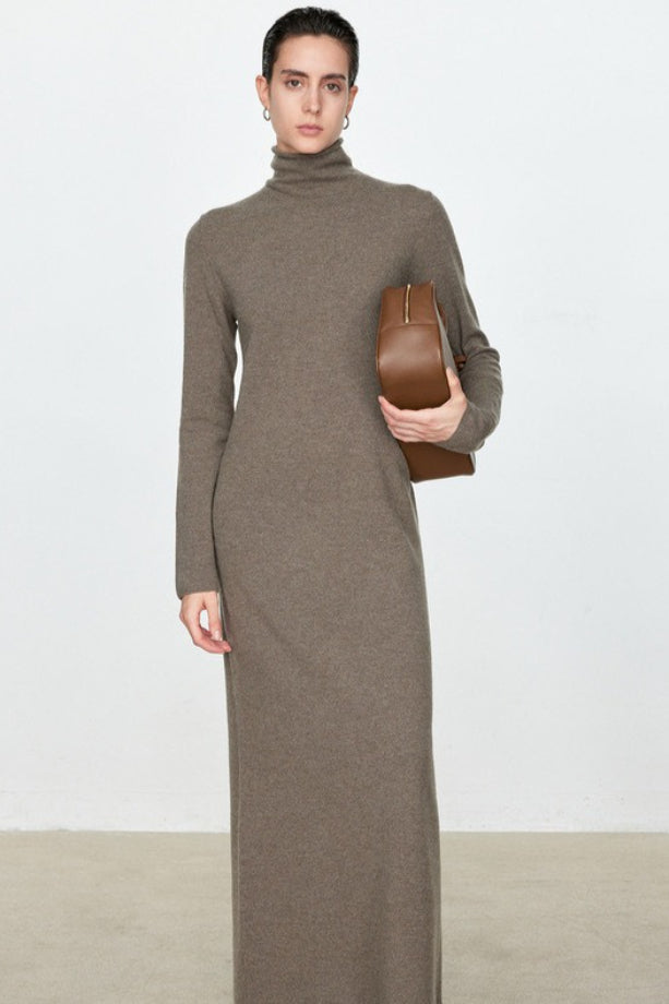 Turtleneck Long Sleeve Column Belted Knit Maxi Dress