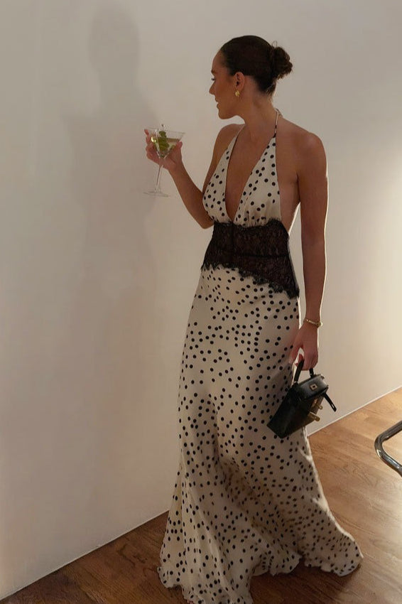 Polka Dot Halter Neck Lace Waist Panel Column Maxi Dress