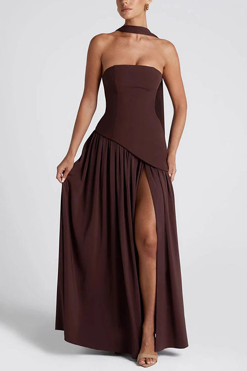 Strapless Back Lace-up High Slit Splice Maxi Dress