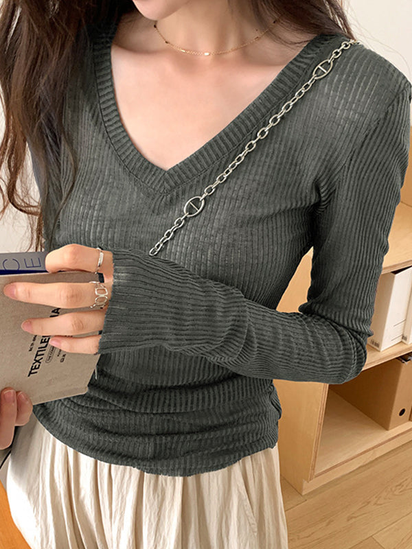 Ribbed V Neck Slim Long Sleeve Knit