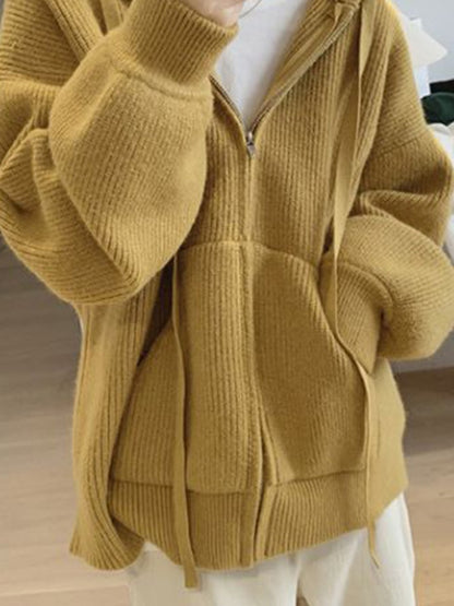 Solid Hooded Zip Up Knit Cardigan