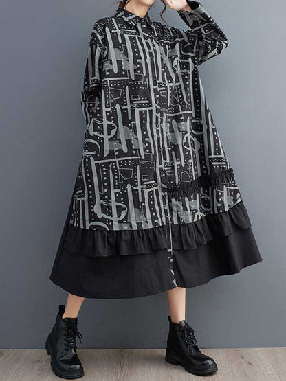 A-Line Long Sleeves Asymmetric Buttoned Printed Split-Joint Lapel Midi Dresses