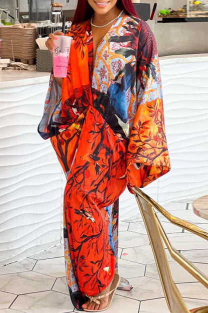 Sexy Plus Size Satin Print V-neck Batwing Sleeve Slit Loose Maxi Dress