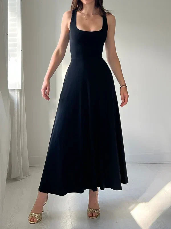 Square Neck Wide Strap Sleeveless Fit and Flare Midi Dress