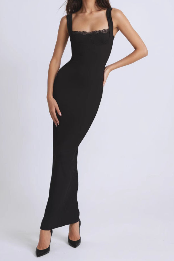 Square Neck Lace Trim Wide Strap Bodycon Maxi Dress