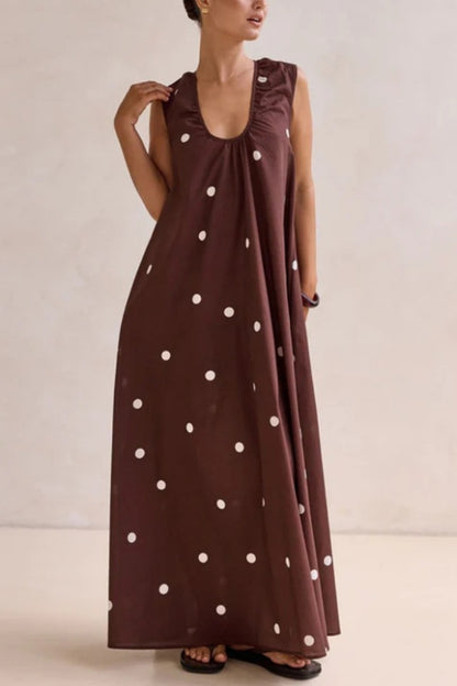 Striped Polka Dot Print Loose Sleeveless Casual Vacation Maxi Dress