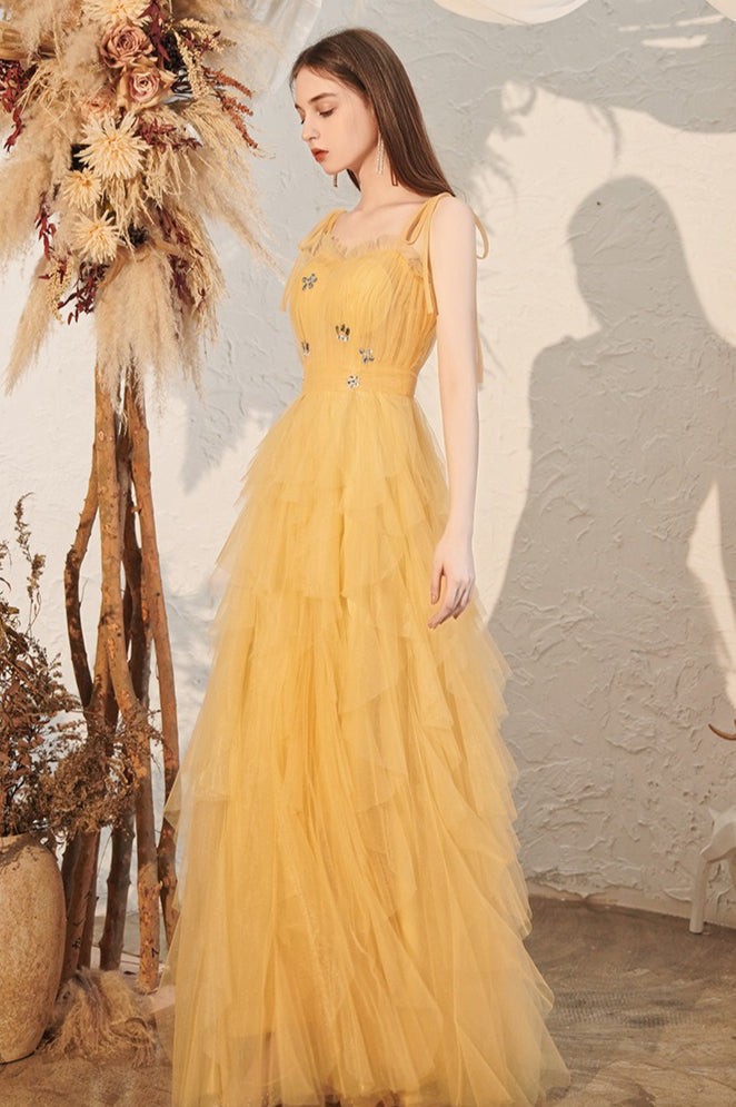 Sweetheart Ruched Bow Strap Tiered Tulle A-Line Maxi Gown