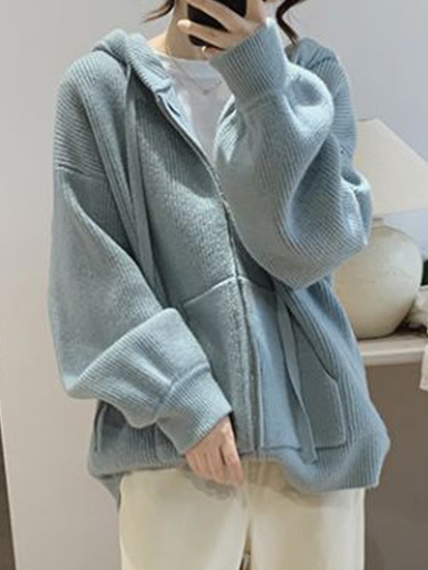 Solid Hooded Zip Up Knit Cardigan