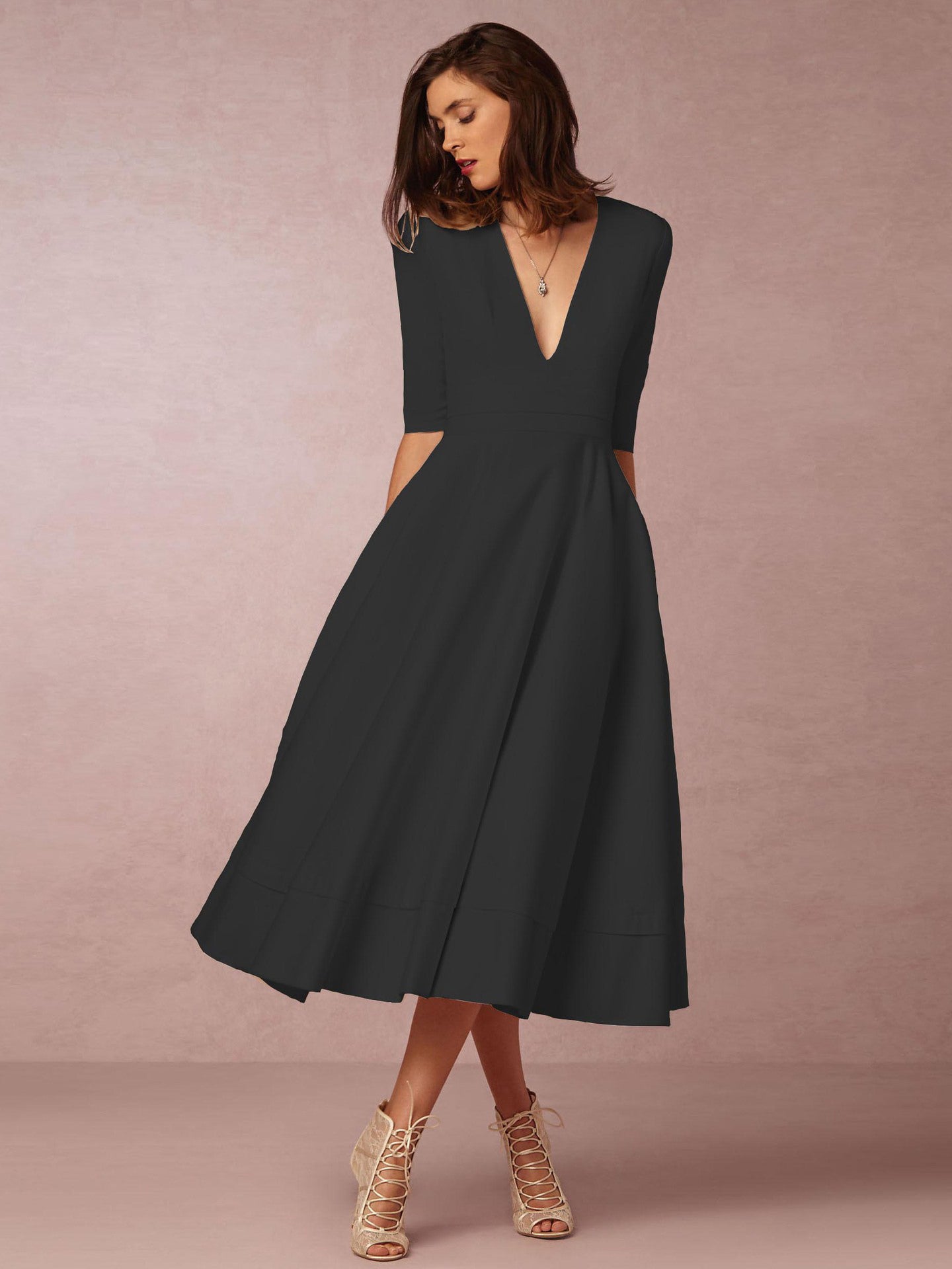 Plunge Midi Dress Half Sleeves Pockets A-Line Prom Dresses