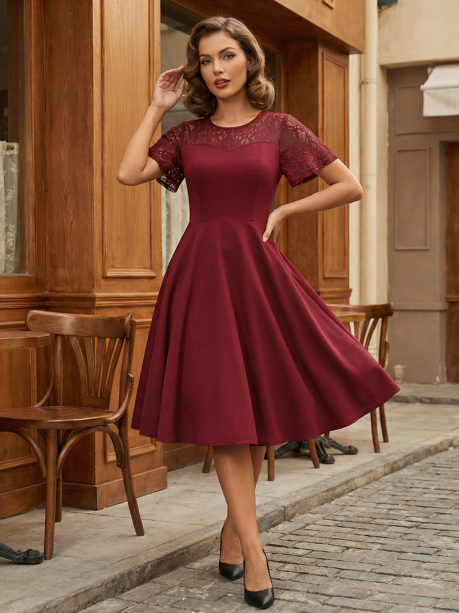 Vintage Dress 1950s Style Jewel Neck Lace Short Sleeves Medium Burgundy Swing Dress