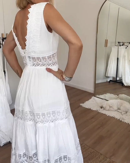 Crochet Lace Trim Deep V-Neck Wide Strap Tiered Ruffle Midi Dress