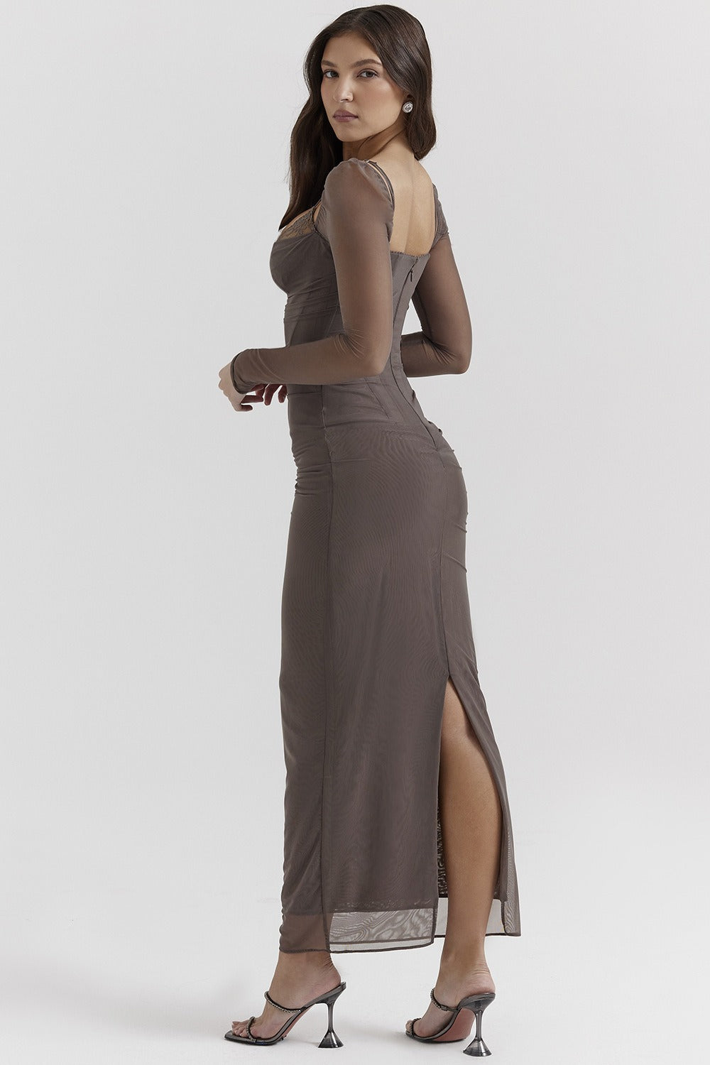 | Mesh Lace Patchwork Fitted High Slit Maxi Dress
