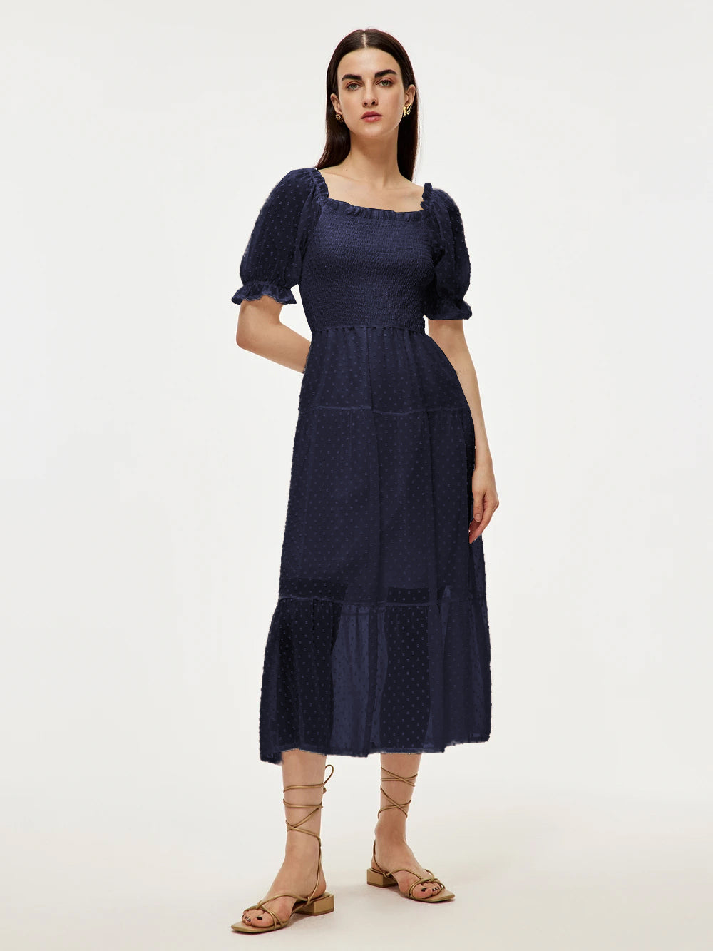 Summer Midi Dress White Square Neck Chiffon Beach Dress