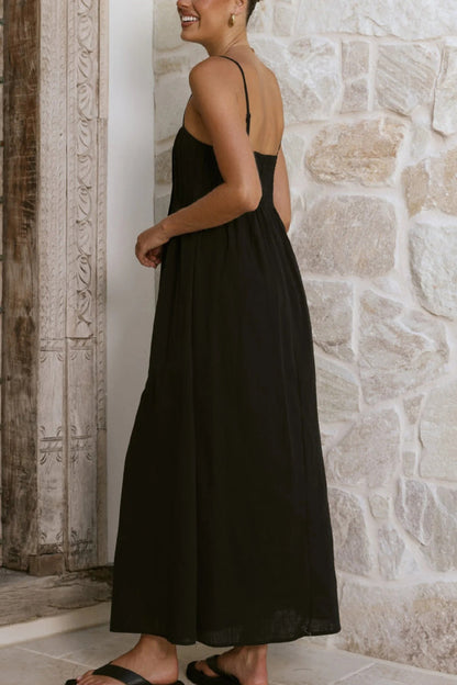 Solid Color Pleated Square Neck Suspender Casual Midi Dress