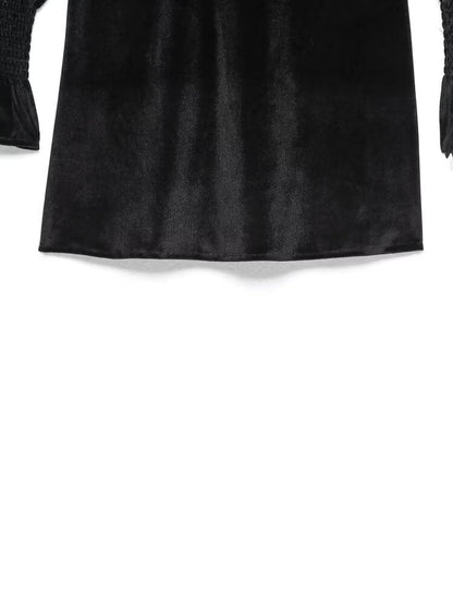 Fall Women Clothing Black Dress French Court Puff Sleeve Velvet Mini Dress