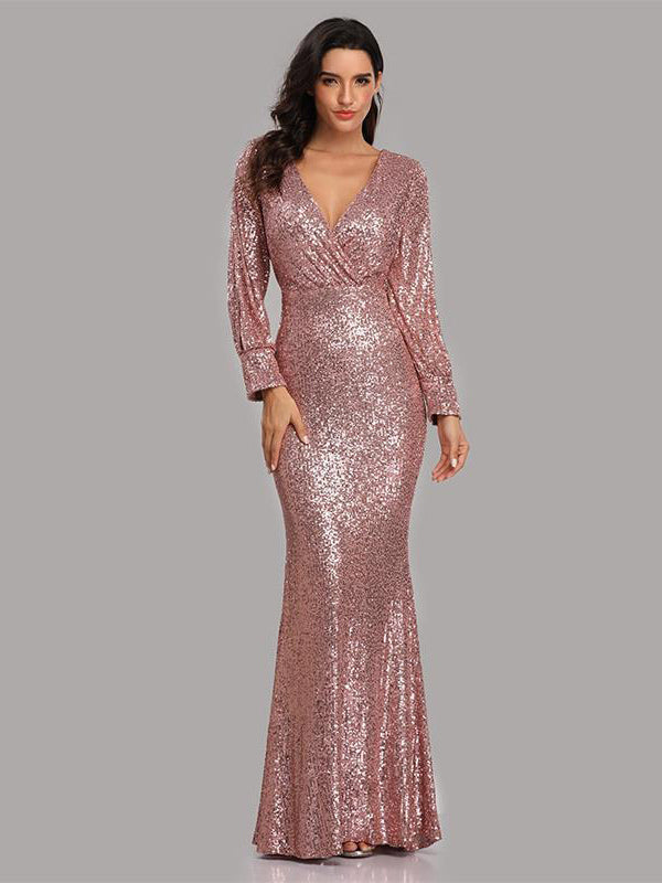 Sequin Party Dresses V-Neck Long Sleeve Birthday Semi Formal Maxi Dress