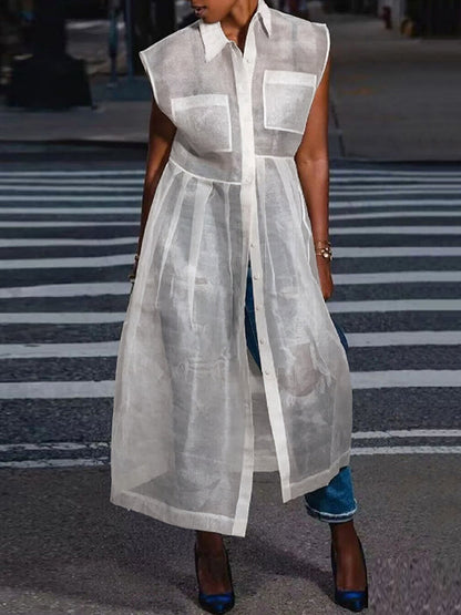 Loose Buttoned Pockets See-Through Split-Joint Transparent Lapel Midi Dresses