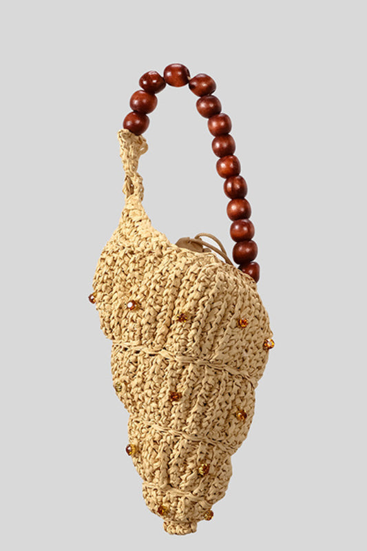 Seashell-shaped Wooden Beaded Zircon-embellished Straw Bag