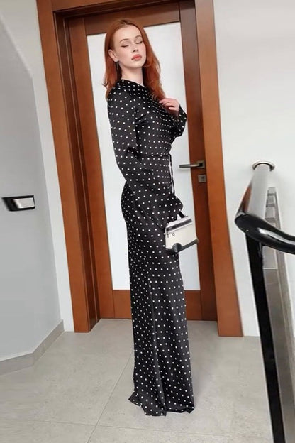 Polka Dot Crew Neck Long Sleeve Waist Tie Bodycon Maxi Dress