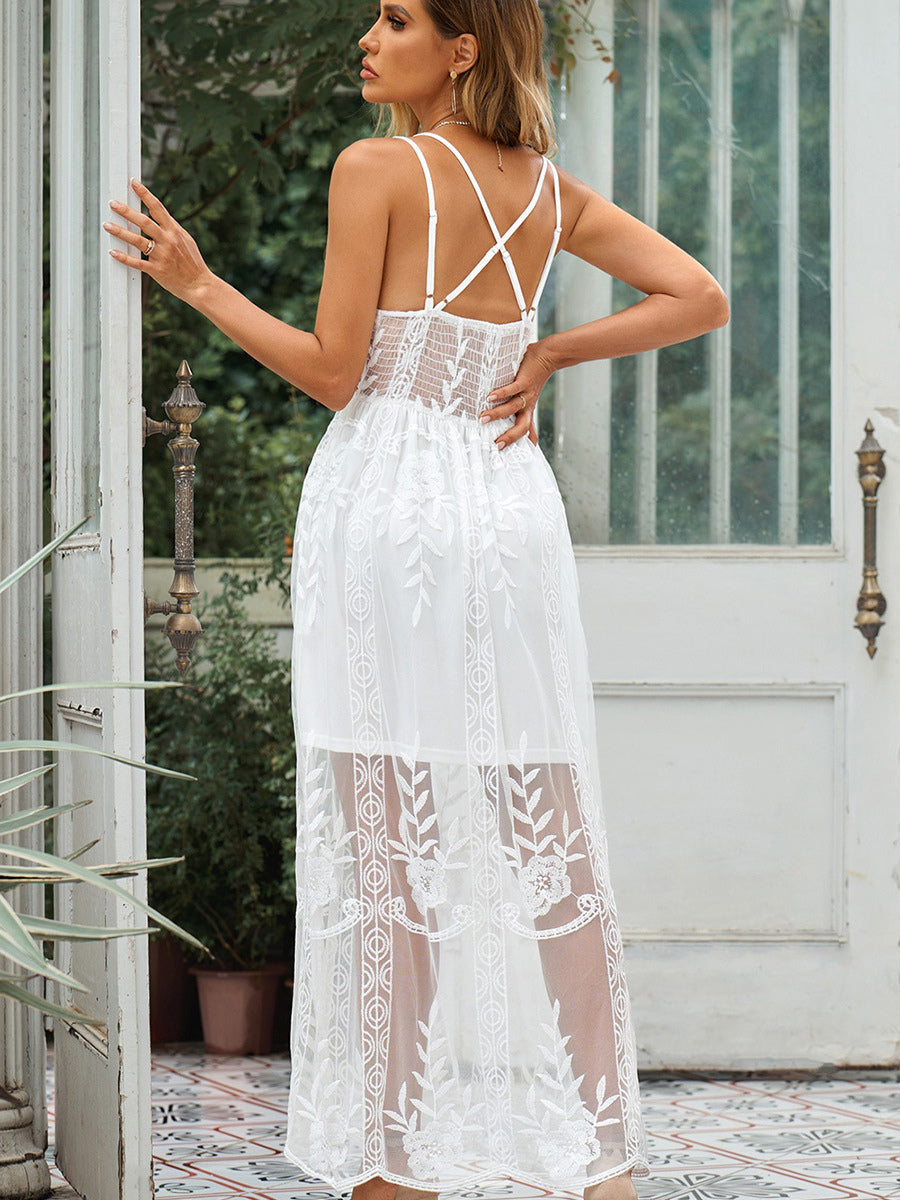 Sheer Dress Dual Straps Crossover Back Adjustable Summer Casual Maxi Dresses