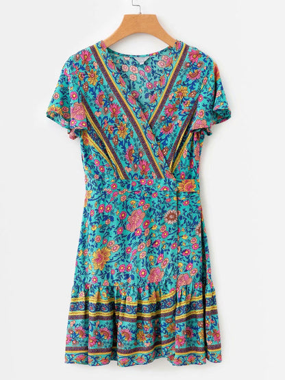 Floral Summer Dresses V Neck Short Sleeve Shaping Mini Dress