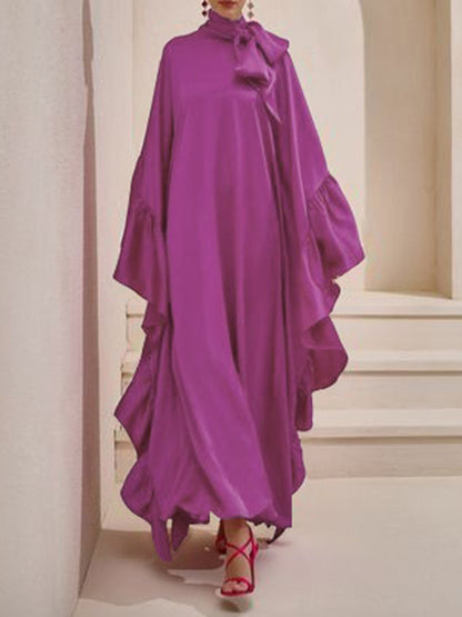 Batwing Sleeves Loose Hollow Pleated Solid Color Split-Joint High Neck Evening Dresses Maxi Dresses