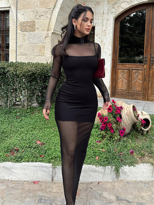 Tossy Mesh 2 Piece-Set Dress Women See-Through Slim Sexy Mini Dress Fashion Long Sleeve Patchwork Autumn 2024 Maxi Dress Sets